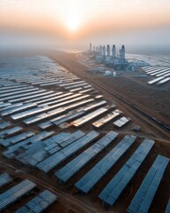 Naklejka premium Large-scale solar power station with AI-operated monitoring systems, representing renewable energy and sustainable technology.