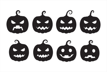 A Halloween pumpkin icon set in bold black silhouette style featuring six different spooky expressions. Each pumpkin showcases unique carved faces such as sharp eyes, zigzag teeth, fangs, evil grins, 