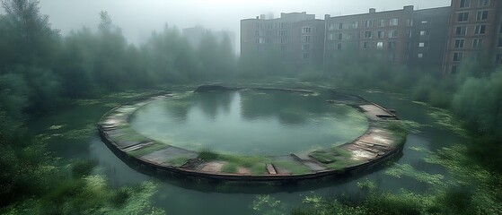 Circular body of water surrounded by overgrown ruins in a misty landscape.