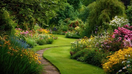 A meandering path winds through a vibrant garden bursting with colorful flowers