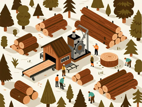 Vector illustration of a sawmill with stacks of timber, circular saw machines, and workers, flat design, earthy tones