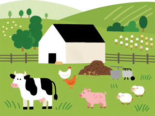Vector illustration of organic free-range farm with diverse animals, pasture, and sustainable farming methods