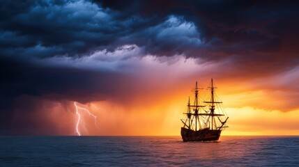 Dramatic sunset with a historic ship sailing through stormy waters under lightning and dark clouds