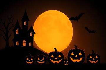 Halloween Night with Pumpkins, Haunted House and Full Moon