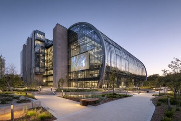 High-tech research facility with a curved glass facade, symbolizing innovation, science, and modern architecture.