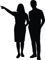 Silhouettes of two people standing side by side, one pointing, one with hands in pockets, black isolated figures, white background
