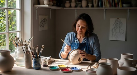 Middle-aged woman painting pottery in a small art studio, natural light