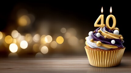 Colorful birthday cupcake with candle and golden 40 on blurred background
