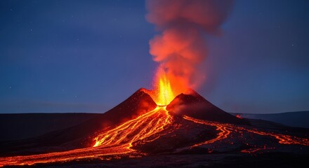 Spectacular Volcanic Eruption at Night with Flowing Lava