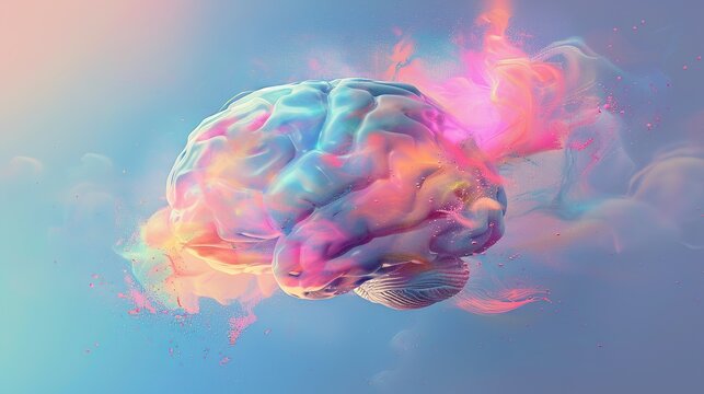 Floating brain matter with drifting memory fragments in soft pastel hues.