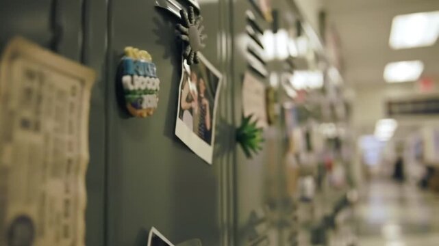 Close Up of a Gray Metal Locker Decorated with Photos and Magnets in a School Hallway