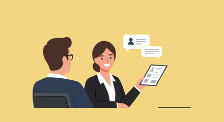 Fototapeta premium Woman Presenting Tablet to Man During Interview