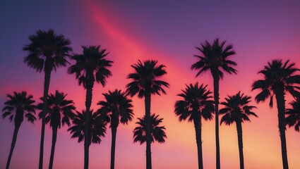 Naklejka premium Silhouette of palm trees at sunset. Silhouette palm tree at tropical beach. 80s vibe. Tropical background. Ai Generative.