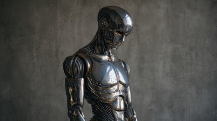A sleek, metallic humanoid robot displays intricate detailing against a textured gray background.