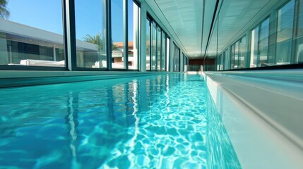 Obraz premium Modern indoor swimming pool with crystal clear water, surrounded by glass walls and tropical plants