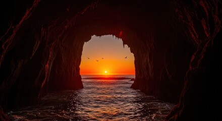 Dramatic Ocean Cave at Sunset with Silhouetted Birds