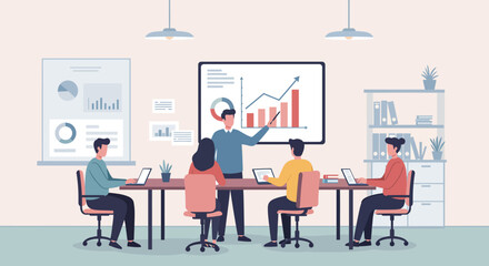 Business Team Meeting with Presentation and Charts