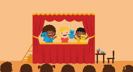 Children Performing Puppet Show with Colorful Stage