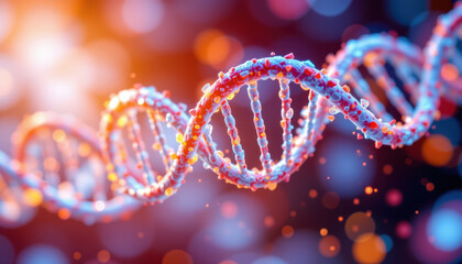 Vibrant digital representation of DNA double helix, showcasing intricate details and colorful molecular structures against blurred background. image evokes sense of scientific discovery
