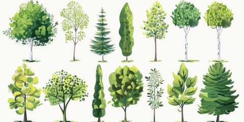 Diverse Green Trees Illustration, Isolated, White Background, Nature Collection, Design Element
