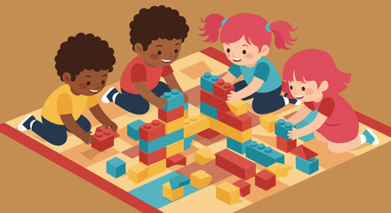 Children Playing with Colorful Building Blocks Together