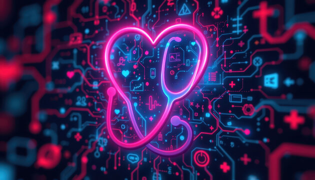 Digital heart shape formed by stethoscope, surrounded by vibrant neon circuitry and health related symbols. image conveys blend of technology and healthcare, evoking feelings of innovation