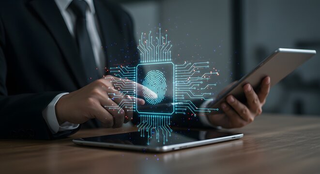 Businessman uses tablet with biometric fingerprint scanner and digital circuit overlay for secure technology access
