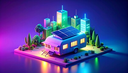 Low-poly city scene with camper van