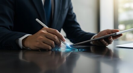 Businessperson using stylus on tablet with futuristic digital interface