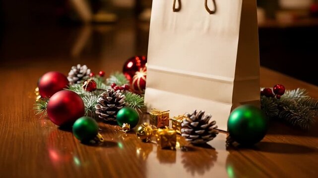 Arranging Christmas Ornaments with Gift Bag on Wooden Surface