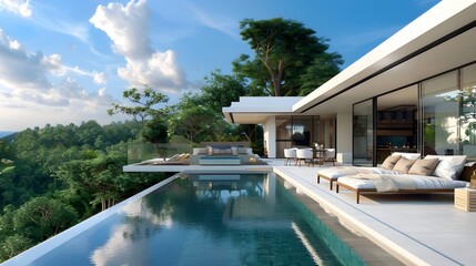 Fototapeta premium Exclusive luxury house with poolside view surrounded by tropical greenery
