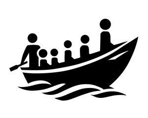 Silhouette of a group of people rowing a boat, icon isolated on a white background
