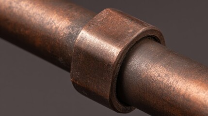 Obraz premium Close-up view of a vintage copper pipe joint showcasing intricate details and textures against a neutral backdrop