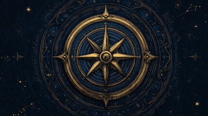 Obraz premium An ornate golden compass centered on a dark celestial background, symbolizing guidance and exploration.