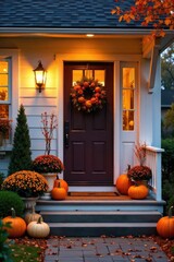 Obraz premium A charming autumnal front porch display featuring pumpkins, gourds, and fall foliage Warm lighting adds a cozy ambiance to the welcoming entrance , wreath, welcome