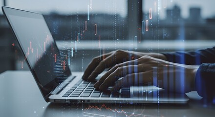 Close-up of hands typing on a laptop with a futuristic digital financial data overlay