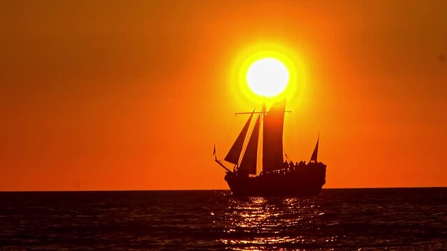 A beautiful slow-motion shot shows the silhouette of a vintage tall ship with tourists sailing peacefully across the Baltic Sea as the sun sets on the horizon, creating a golden glow.