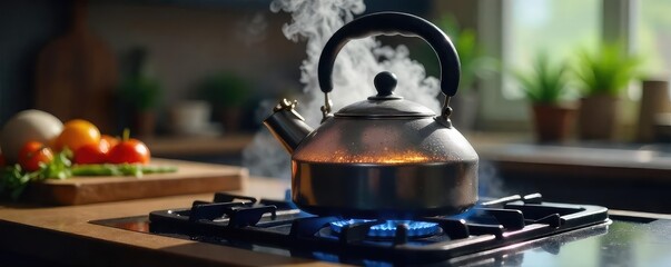 A kettle whistling furiously, steam billowing, water reaching a rolling boil on a stovetop Perfect for concepts of heat, energy, and culinary preparation , bubbling water, hot