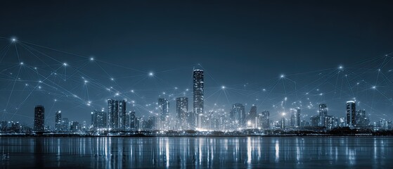 Night city skyline, connected by digital network.  Vast cityscape at night, reflected in a calm river, with interconnected digital lines representing a network.  