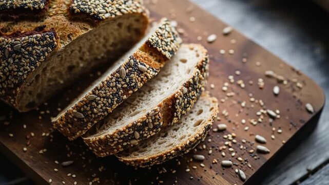 Artisanal Loaf on Wooden Board with Seeds: A Delightful Bakery Experience, showcasing a freshly baked sliced bread covered with assorted seeds for a healthy and delicious treat