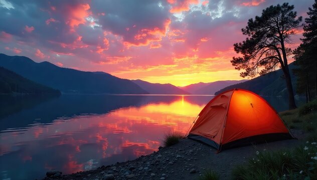 A picturesque scene of a calm lake reflecting a vibrant sunset sky, with a tent pitched on the shore, ideal for camping enthusiasts seeking idyllic weather , tent, adventure