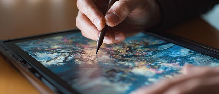 Close-up of a person using a graphic tablet to create digital art. A hand holds a stylus as it draws or paints on the tablet screen, displaying a detailed piece of artwork. - Powered by Adobe
