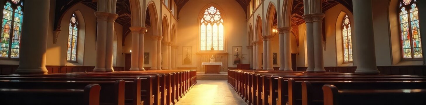 A serene parish church service in progress, sunlight streaming through stained glass windows illuminating the altar and pews Peaceful atmosphere of worship and reverence , blessing, faith