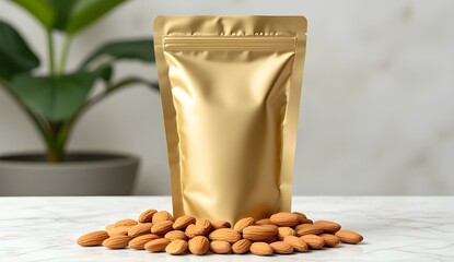 Upscale Snack Packaging - Golden Pouch on Marble with Generous Heap of Whole Almonds