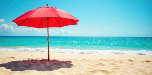 A vibrant red beach umbrella provides shade on a sunny beach, casting a shadow on the golden sand Perfect for summer vacation imagery and travel brochures , element, pattern, sunny