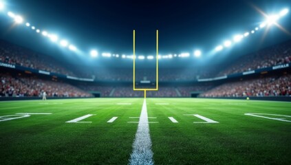 Bright lights illuminate a football stadium's green turf field at night.