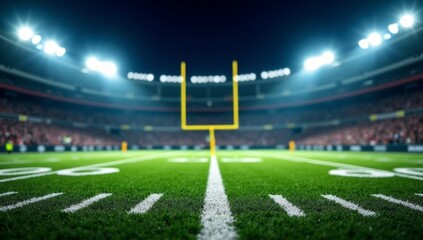Bright lights illuminate a football stadium's green turf field at night.
