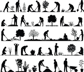Silhouettes of people gardening, planting trees, outdoor work, farming activity, eco lifestyle, soil care, nature cultivation, shovel, watering, environment