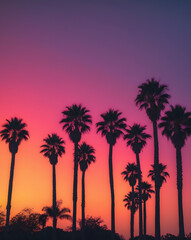 Obraz premium Silhouette of palm trees at sunset. Silhouette palm tree at tropical beach. 80s vibe. Tropical background. Ai Generative.