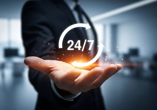 Businessman in a modern office holds a glowing 24/7 icon, representing constant customer support, always-on service, and round-the-clock assistance.